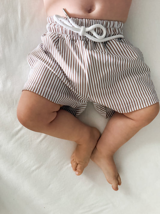 Brown pinstripe board shorts