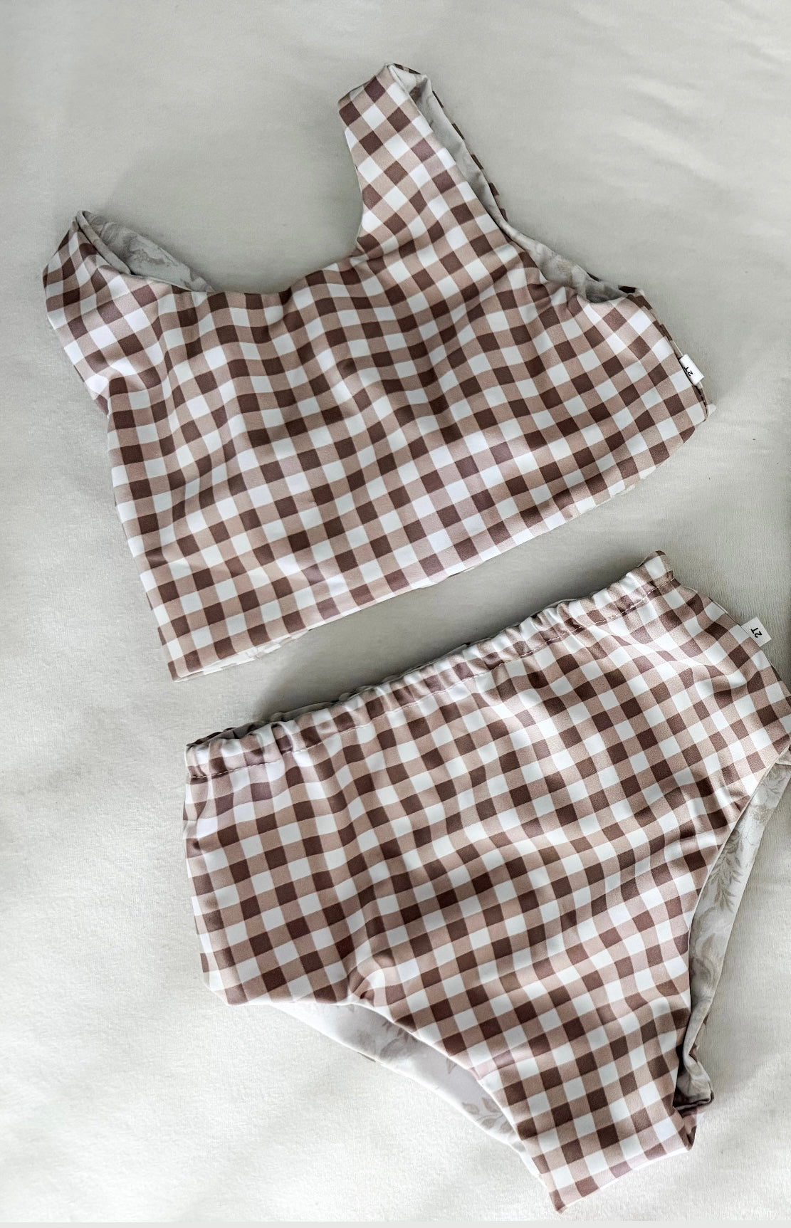 Brown floral + Gingham reversible swim