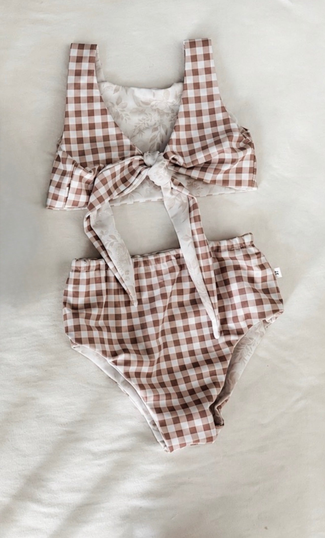 Brown floral + Gingham reversible swim