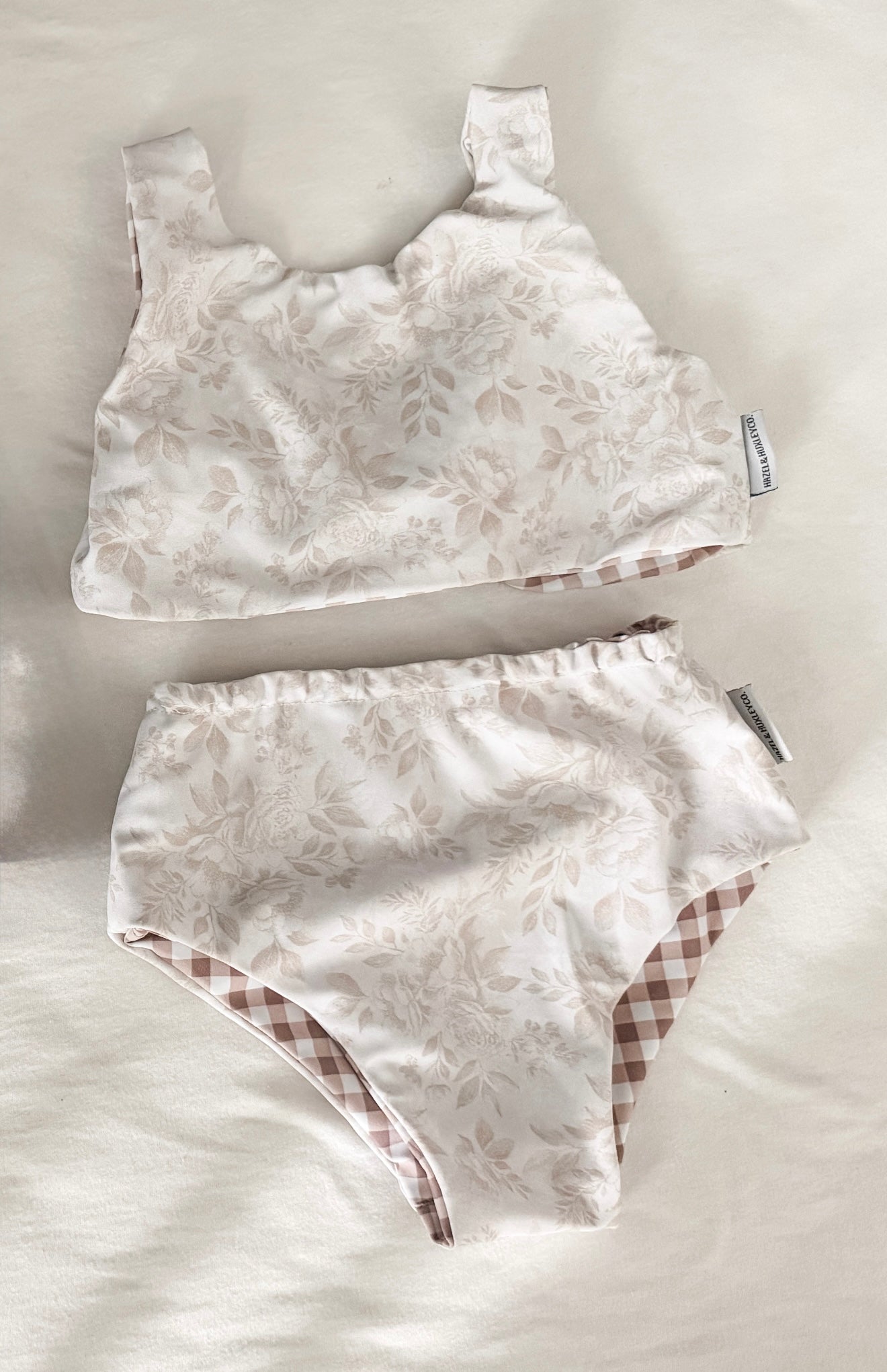 Brown floral + Gingham reversible swim